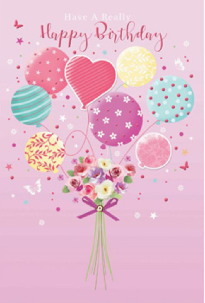 There is a feeling of gentle jubilation in this birthday card illustration, the sort of quiet joy you might experience walking through a leafy Islington square on a bright morning. The artwork is set on a soft pink backdrop, where a cluster of pastel balloons floats upward in a loose bouquet, as if lifting a tiny garden of flowers into the sky. Each balloon carries its own subtle design: twirling ribbons that curve gracefully, polka dots that seem to bounce in place, and floral or abstract patterns that lend an artistic flair. The colours-pale sunshine yellow, rosy fuchsia, lavender, mint, and blush-blend in a way that's cheerful but never overwhelming, echoing the thoughtfully balanced tones of a birthday bouquet arranged by a seasoned Islington florist. At the base rests a hand-tied cluster of petite roses and daisy-like blooms, their velvet petals shaded from cream through rose-pink to deeper mauve, each flower shaped with a sense of natural softness. They are gathered together and finished with a shining purple bow, giving structure to the whimsical scene. Around the bouquet, delicate butterflies appear to flutter, while tiny stars sparkle like distant confetti, creating the sense of a daydream or a garden party held aloft. Gentle light washes over the illustration, highlighting the roundness of the balloons and the layered texture of every petal. It's a composition that speaks of thoughtfulness and care, ideal for sending birthday wishes across Islington-from quiet residential streets to the bustle near Highbury & Islington-whenever you want the recipient to feel both celebrated and truly cherished.