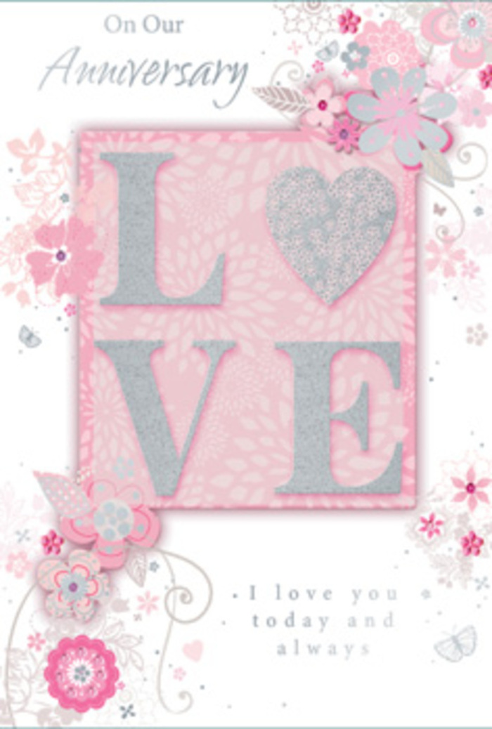In this image, an anniversary card opens like a softly spoken promise, its design illuminated by a tranquil blend of blush pink, lilac, and ivory that calls to mind the gentle light filtering into an Islington café on a quiet morning. The focal point is the word "LOVE," expressed in refined capital letters and coated with a frosted layer of fine glitter. This raised texture catches the eye and begs to be touched, much like the velvety petals of a freshly arranged rose. Light from above skims across the surface, causing the glitter to glimmer delicately, as though tiny stars had settled onto the card. Around this central word, wispy, hand-drawn blossoms drift along the borders. Their petals overlap in shades of pink and lavender, with pale ivory highlights adding depth and softness, just like an artful bouquet laid out by Flowers Islington before it is tied. Slim stems and tiny leaves curve gracefully between the flowers, while understated flourishes of filigree lines and near-hidden butterflies weave through the design, suggesting the faint flutter of hearts on an anniversary evening. Nestled in the lower portion of the card, the phrase "I love you today and always" is rendered in a gentle, flowing typeface. The lettering is neither too bold nor too faint, perfectly balanced against the dreamy floral artwork. The overall arrangement feels carefully composed, much like a hand-tied arrangement destined for a doorstep near Highbury Fields: serene, sentimental, and quietly radiant with affection.