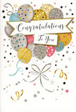 The design on this congratulations card evokes the feeling of stepping into a light-filled gathering near Highbury Fields, where decorations gently sway and conversation hums in the background. A soft banner curves across the centre of the card, as if floating mid-air, bearing the words "Congratulations To You" in graceful, looping script that seems to shine with a subtle foil finish. Above and around this banner rises a lush bouquet of illustrated balloons, all rounded and full, overlapping in a natural, organic cluster. Their colours blend harmoniously - warm gold, muted silver, champagne ivory, sky blue, delicate blush pink, and soft grey - with each balloon adorned differently. Some sparkle with tiny stars, others shimmer with fine glitter dusting, while a few are banded with slender metallic stripes, hinting at the glint of party lights in an Islington townhouse. From the base of the cluster, thin gold and silver strings and ribbons cascade downward, curling into loose loops and spirals reminiscent of curling ribbon unfurling on a florist's table. The background remains calm in a pale, creamy tone, gently animated by scattered metallic stars, dots, and swirling motifs that suggest confetti lingering in the air after a round of applause. Texturally, the illustration hints at a combination of smooth, high-quality card, glossy printed ink, and raised glitter accents that would offer differing sensations under the fingertips. Overall, the image communicates a tender yet exuberant sense of achievement - a perfect partner to a bouquet sent across Islington when you want to express how proud and delighted you are about someone's special milestone.