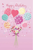 This birthday card scene feels like a playful breath of fresh air drifting over Islington's rooftops, painted in soft, uplifting tones. The background is a warm blush pink, against which a lively cluster of balloons rises, seemingly buoying up a small floral bouquet. Each balloon reveals its own character: some wear candy-striped patterns that curl like ribbons, others are scattered with cheerful polka dots, and at the heart of the cluster a sweet heart-shaped balloon glows with gentle affection. The colour palette moves gracefully through pastel pinks, sea greens, mellow yellows, and hints of lavender, much like the subtle hues in a bespoke birthday bouquet delivered to a doorstep near Essex Road or around Barnsbury. At the base, gathering the balloon strings, sits a compact arrangement of roses and anemone-like blooms in creamy ivory, soft blush, and muted mauve. The petals look soft and feathery, layered in a way that suggests freshness and care, as though they have just been arranged on a florist's workbench. A violet satin bow ties the stems together, its folds catching the light with a gentle shimmer. Tiny stars and delicate butterflies flutter around the bouquet and balloons, adding a fairy-tale sparkle that suggests wishes, surprises, and warm birthday greetings. The whole composition feels airy and bright, with a softness that is both childlike and refined. It perfectly captures the feeling of sending a birthday message in Islington that is more than words-a little burst of colour, creativity, and heartfelt celebration carried on a pastel breeze.