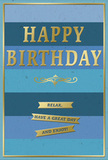 The birthday card pictured here feels like a small window onto a peaceful horizon, rendered in shades of blue and touched with soft gold. Wide horizontal stripes run across the card from edge to edge, beginning with a rich navy at the base and rising through mid-toned denim and teal into a pale, airy sky blue at the top. These layered blues create a gentle ombre effect that is both calming and sophisticated, much like the subtle charm of side streets around Angel. Centered on this tranquil backdrop, the phrase "HAPPY BIRTHDAY" stands out in embossed gold foil. The letters are tall but not imposing, their raised surfaces catching the light and adding a quiet sparkle, akin to sunlight glinting on café windows along Upper Street. Beneath the main greeting, an elegant golden flourish curls in smooth, looping strokes, introducing a touch of vintage romance to the design. Just below, three narrow golden banners sit neatly stacked, each one finely edged and slightly raised. Inside these banners, the message flows in three parts: "Relax, have a great day and enjoy!" The warm tone of the words matches the gentle gleam of the foil, offering encouragement to slow down and savour the celebration. A delicate gold border frames the entire card, providing structure and a sense of completion, as if the whole scene has been carefully mounted. The card appears smooth and substantial, ready to be propped beside a vase of birthday blooms delivered anywhere from Highbury to Holloway. Together, the cool blues and shimmering gold create a mood of understated festivity-perfect for someone who treasures quiet elegance and heartfelt, thoughtful wishes.